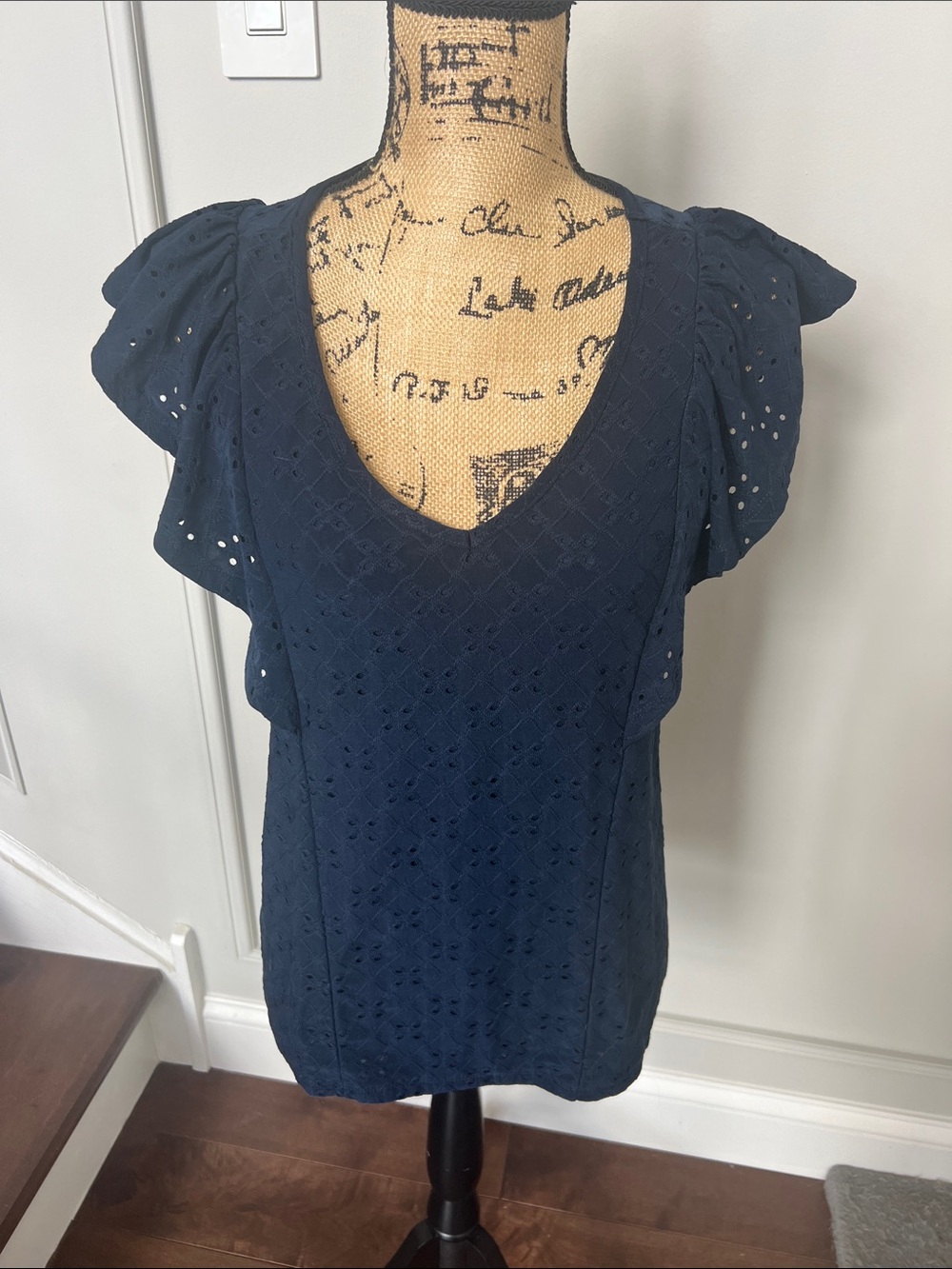 Navy Eyelet V-Neck Flutter Sleeve Blouse - Women small